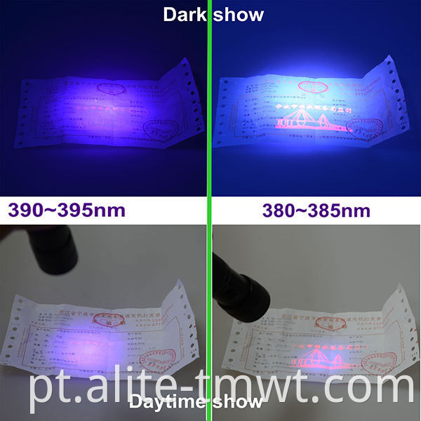 395nm100 LED 6 AA lanterna roxa UV alimentada por bateria para inspeção de notas, fluorescência, detecção anti-assalto